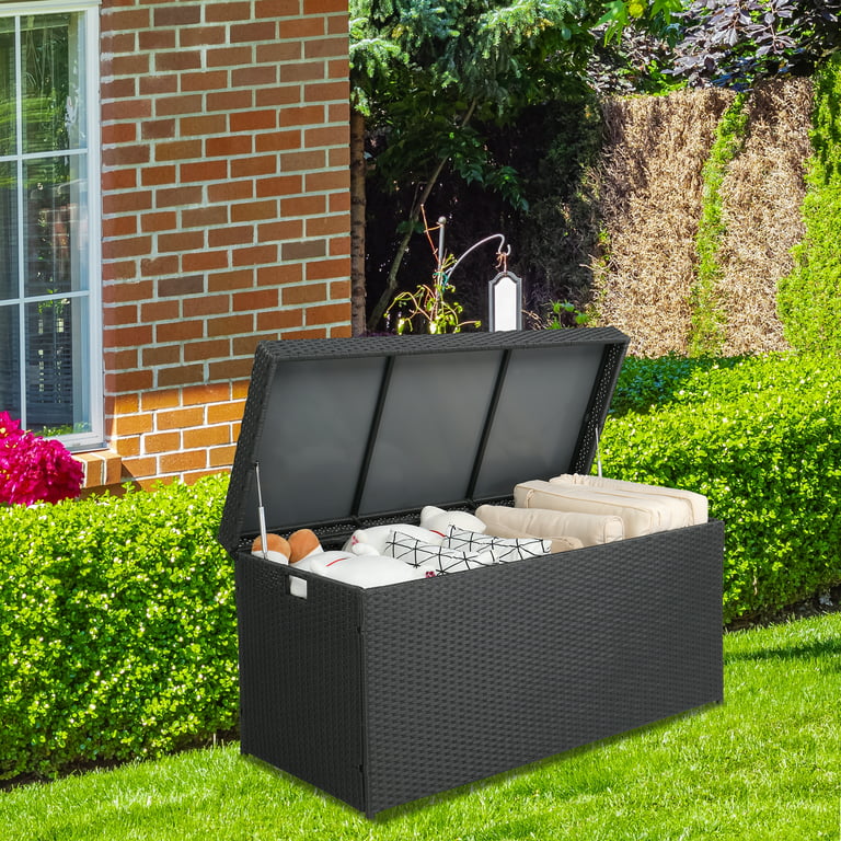 Rubbermaid Patio Chic Resin Weather Resistant Outdoor Storage Deck Box, 123  Gal, Black Oak Rattan Wicker Basket Weave, Outdoor Cushions, Garden Tools,  Pool Toys, Brown - Yahoo Shopping