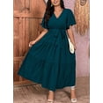 thumbnail image 6 of Teal Blue Plus Size V-Neck Wrap Maxi Dress With Tiered Ruffle Hem And Self-Tie Waist Belt, Short Sleeve, 6 of 6