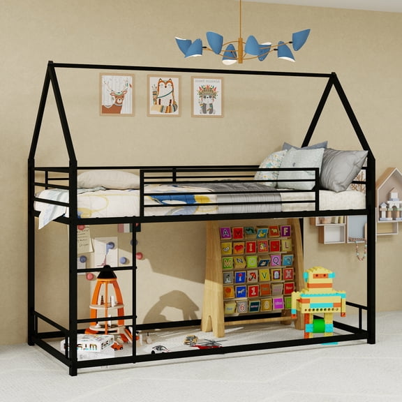 Leumius Twin over Twin Size Floor Bunk Bed with Ladder and Guardrails,House-Shaped-Metal Loft Bed for Boys Girls Black