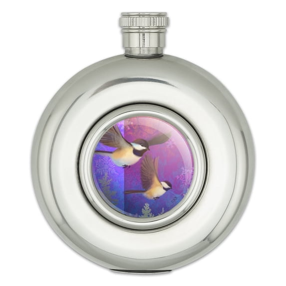 Christmas Holiday Chickadees Birds Round Stainless Steel 5oz Hip Drink Flask