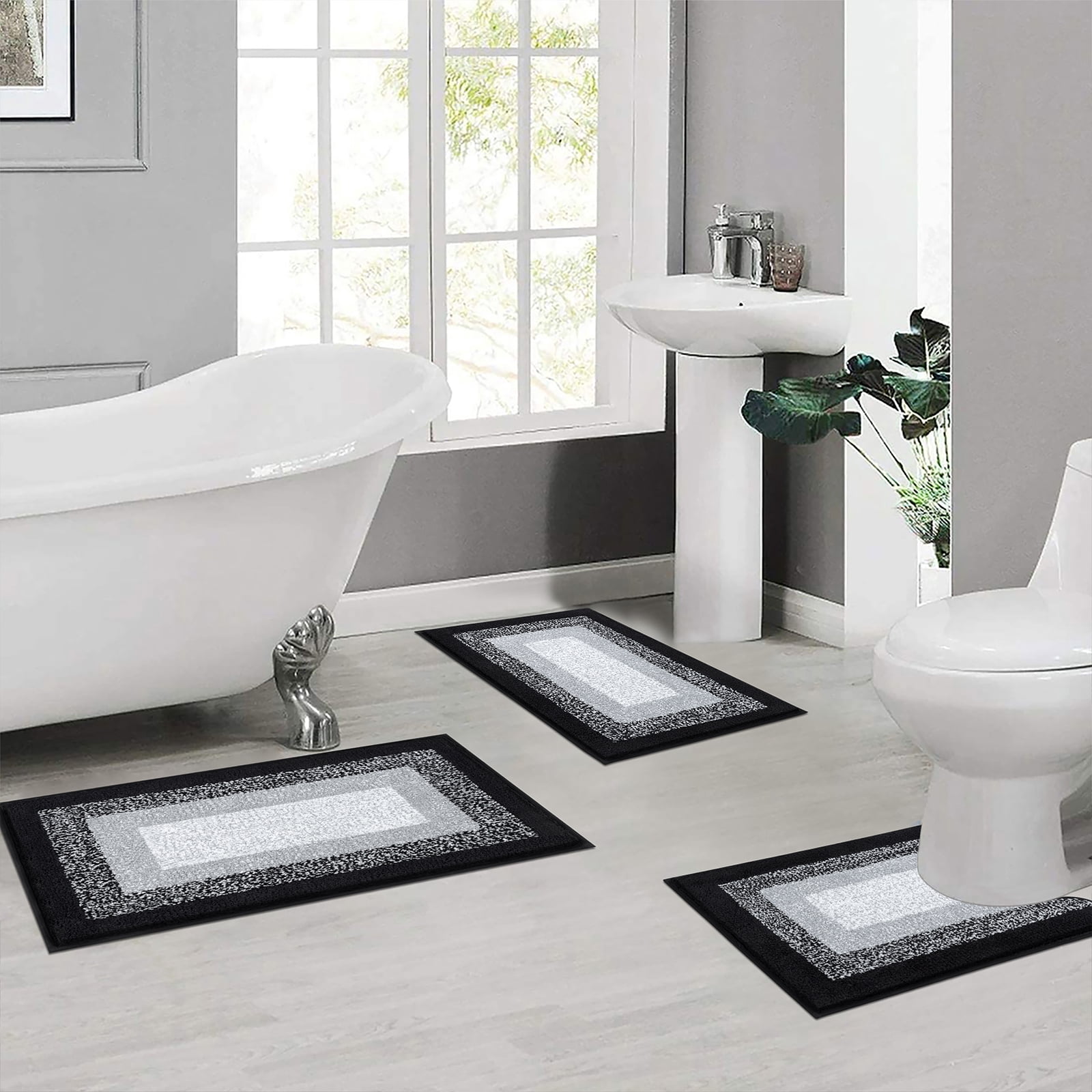 Ileading 3 Piece Bath Rug Set Microfiber Washable Non Slip Bathroom Rug and Mat Set, Black
