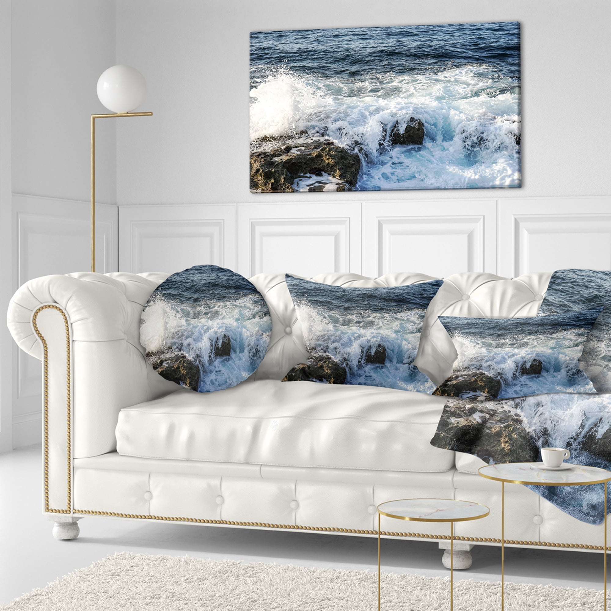 Designart Waves Breaking on Stony Beach - Seashore Throw Pillow - 12x20