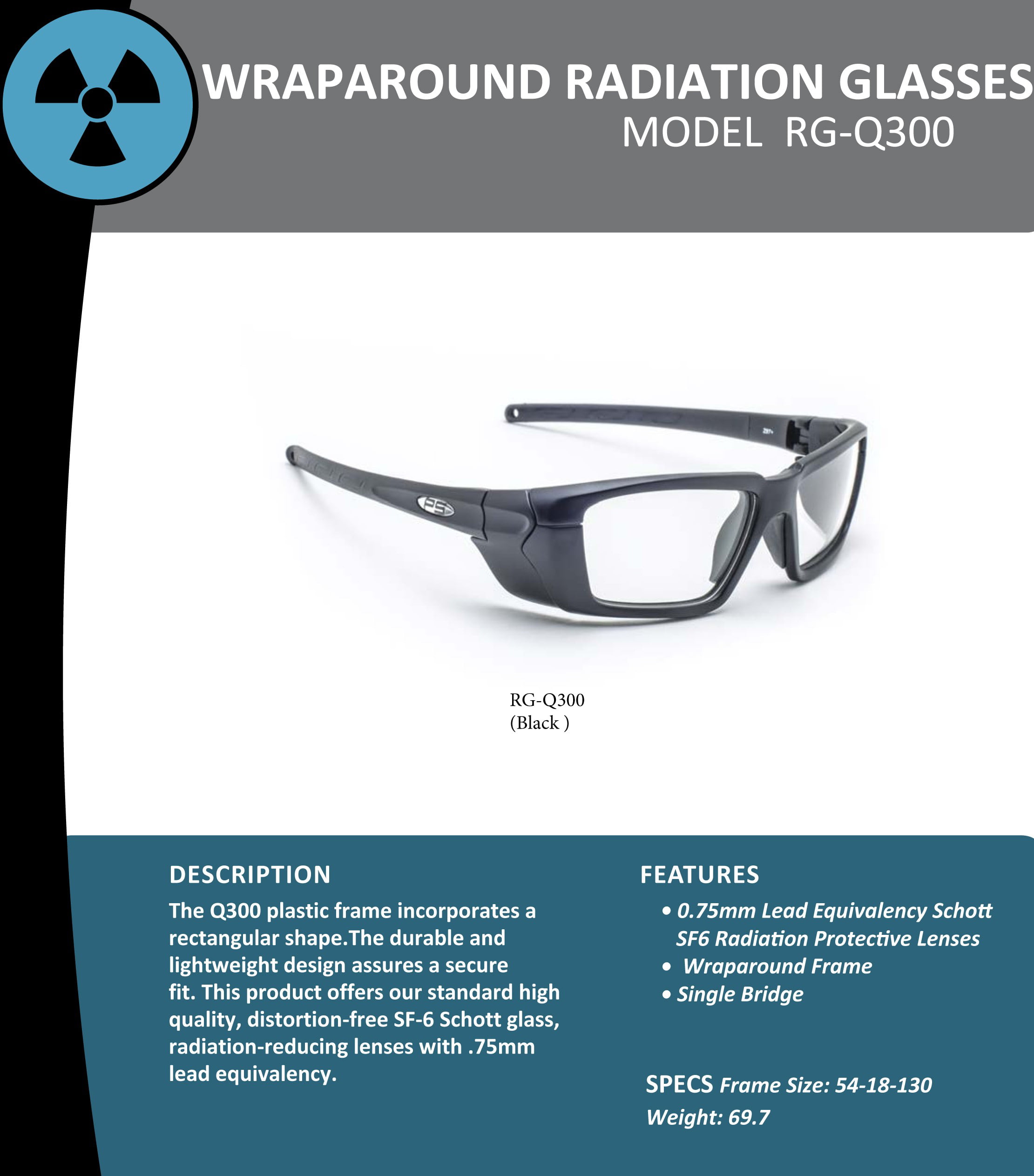 Black Designer Radiation Leaded Protective Eyewear in Full Rim Plastic Frame 54/34-18-130mm Phillips Safety 
