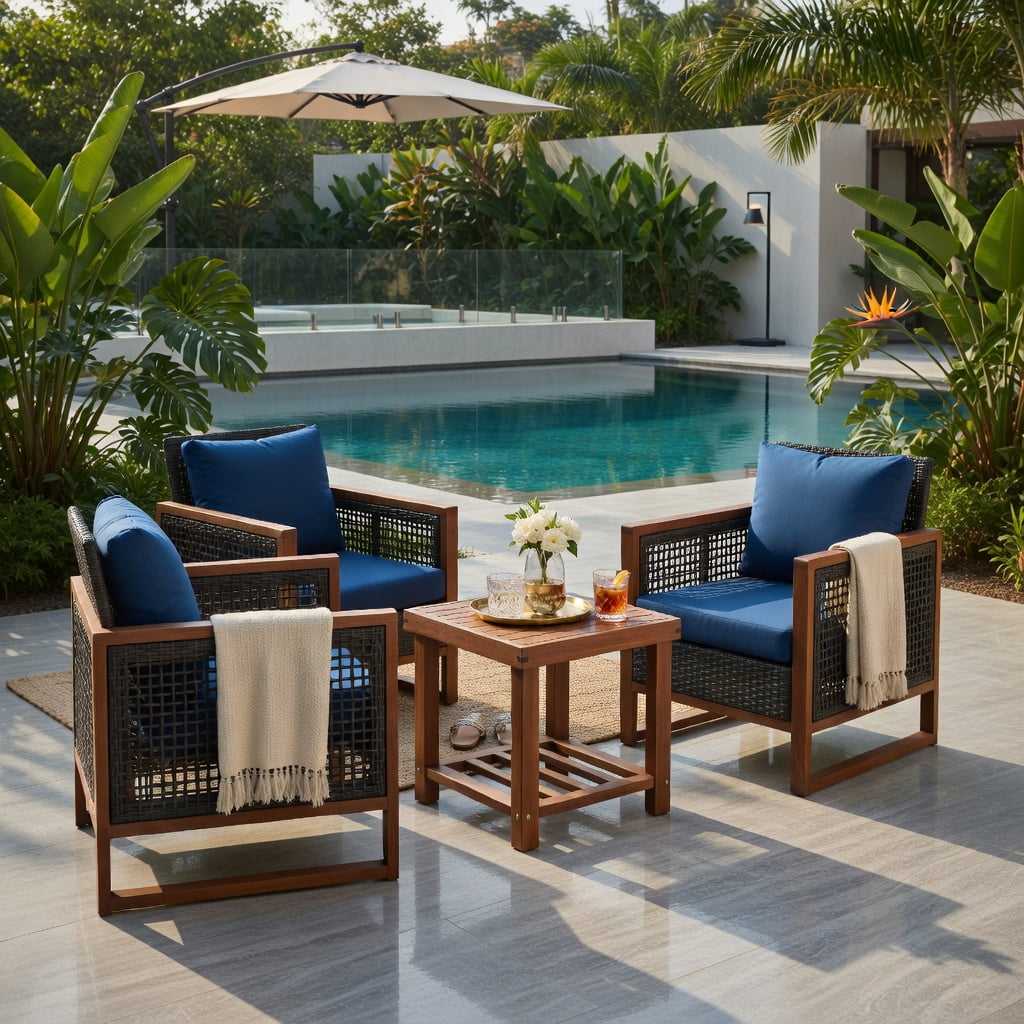 Hommoo 3-Piece Outdoor Wicker Patio Furniture Set, Rattan Sofa & Acacia Wood Coffee Table with Washable Cushions, Navy
