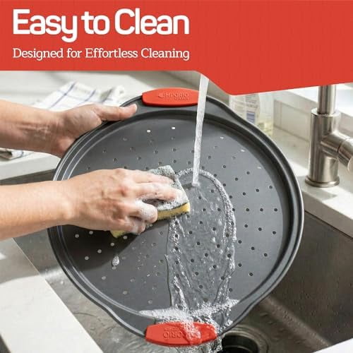Nonstick Pizza Pan Set with Silicone Handles, Round Carbon Steel Tray 1 Pack 13-Inch with Perforated Holes, Oven & Dishwasher Safe Gray