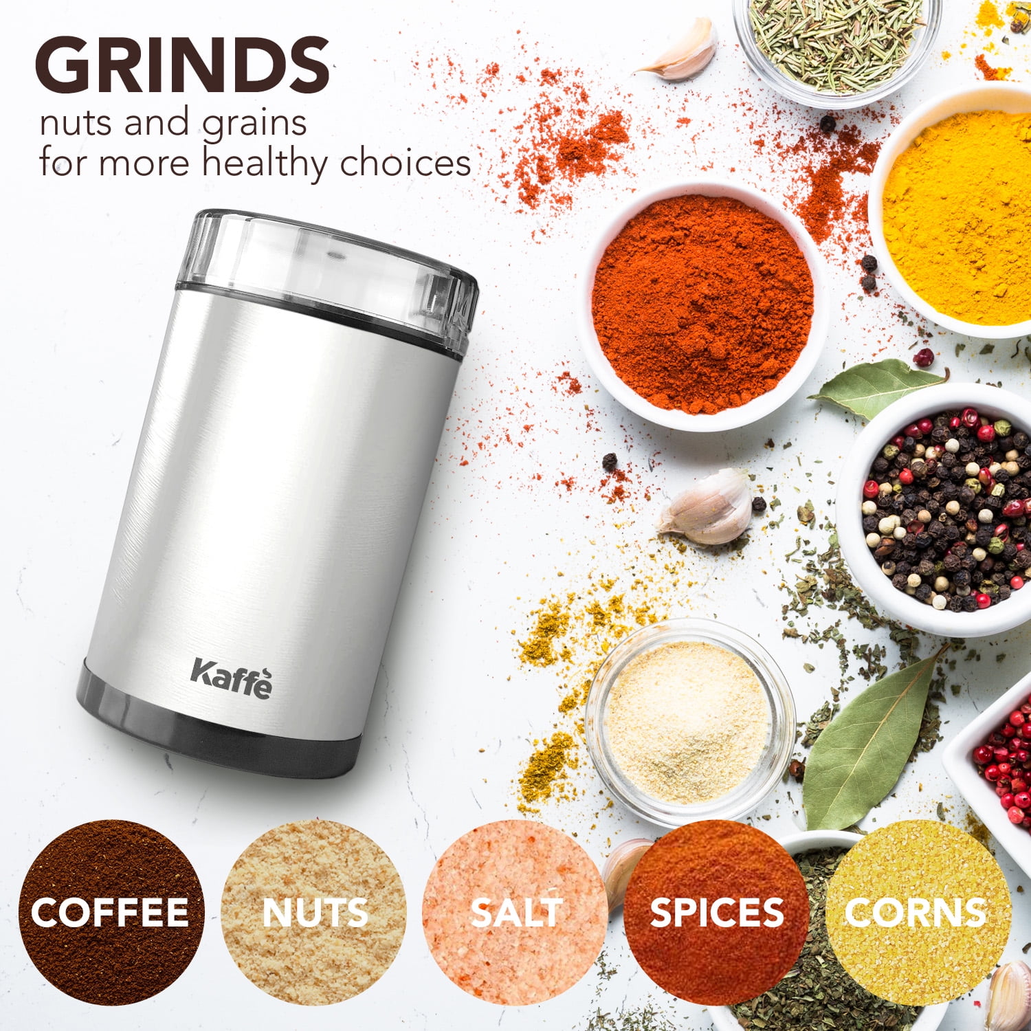 Kaffe Electric Coffee Bean Grinder w/Removable Cup & Cleaning Brush. Easy  On/Off Operation for Espresso, Cold Brew, Herbs, Spices, Nuts. (14 Cup /