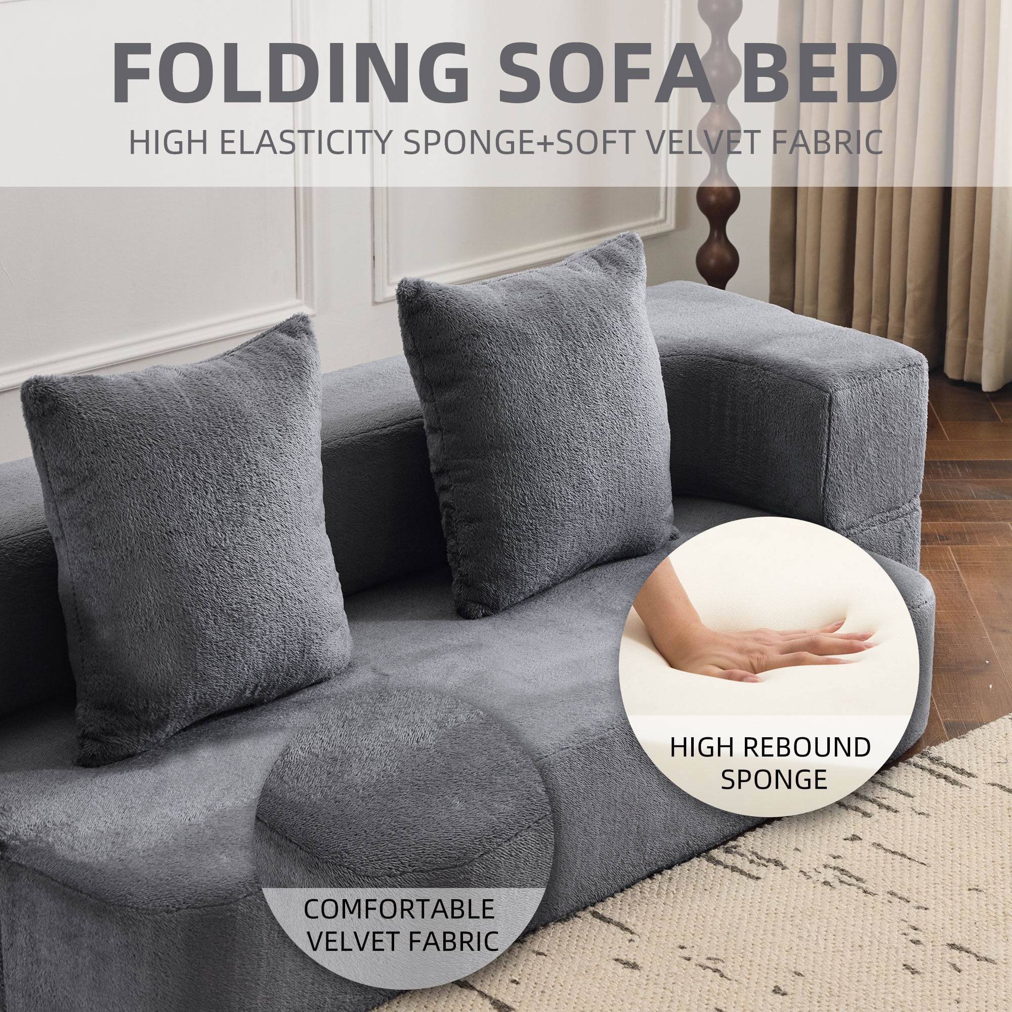 Jopath 75'' Futon Sofa Bed, Foldable Mattress Sofa Couch with Pillow Back & Armrest, Faux Fur Floor Couch Lounge Sleeper Sofa Bed for Living Room/Bedroom,No Assembly Required,Gray