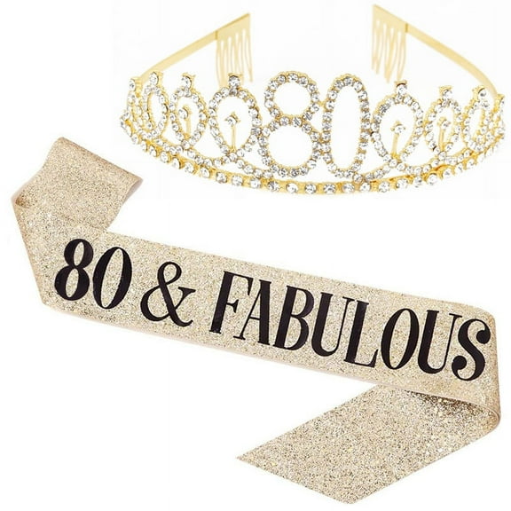 TY"80 and Fabulous" Sash & Rhinestone Tiara Set - 80th Birthday Sash 80 Birthday Gifts Party Favors,gold