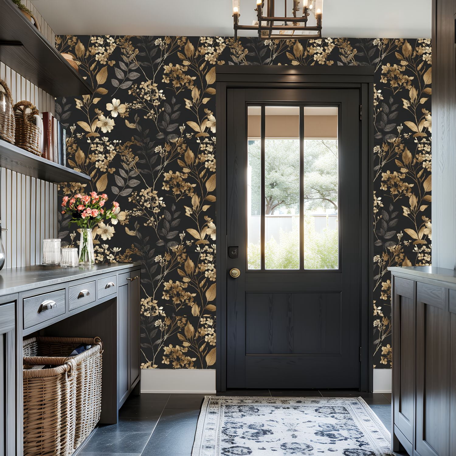 Peel and Stick Wallpaper Elegant Gold Beige Floral Black Wall Mural 17.7in x 9.8ft Self Adhesive Removable Wall Paper Renter Friendly Wallpaper for Nursery Kitchen Bedroom Cabinets