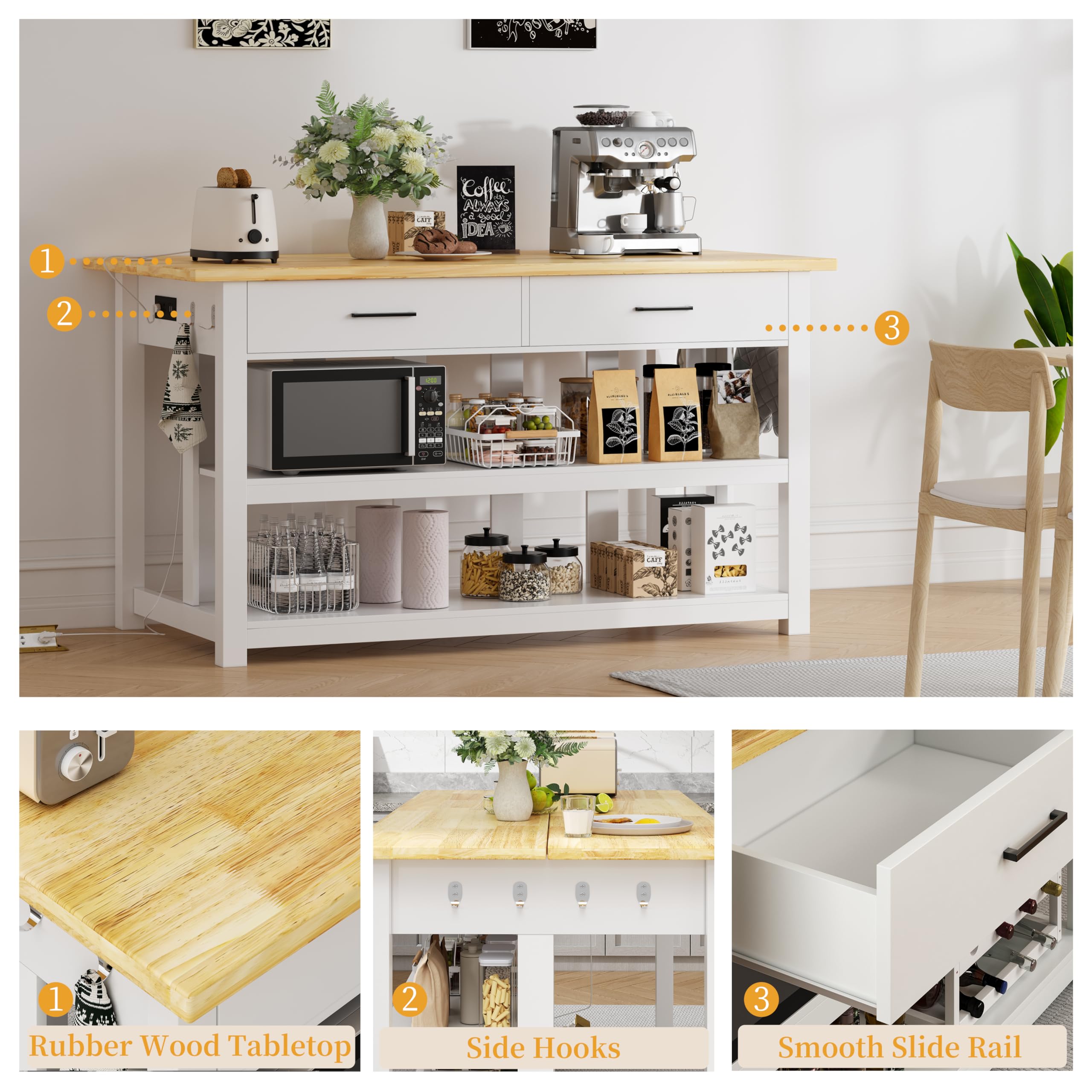 ChicZhiNest Kitchen Island with Storage, 47.3" Solid Rubberwood Top Kitchen Island with Power Outlet and 6 Hooks, White