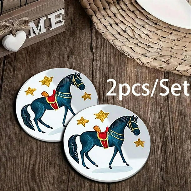 Juego de posavasos con diseño de caballo | Posavasos azules de poliéster resistentes al calor con tela absorbente antideslizante | Diseño de poni redondo de 8,9 cm | Protector de mesa para vasos de