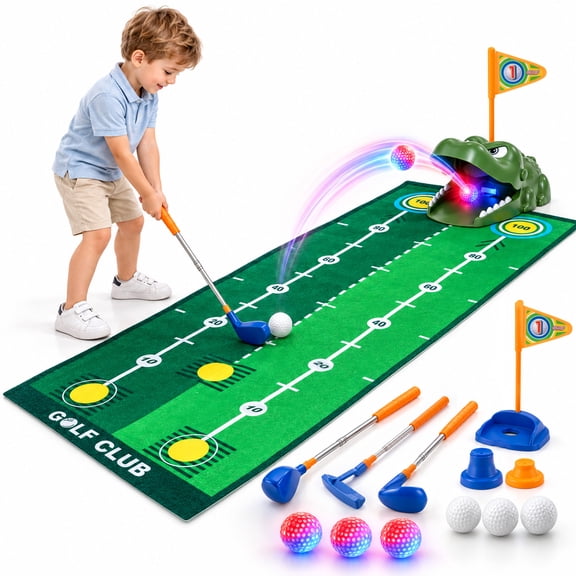 Upgraded Kids Golf Set,Toddler Golf Clubs with Dinosaur Automatic Ball Returner,3 Retractable Clubs, LED Glow Balls & Putting Mat, Indoor Outdoor Sport Toys Gift for Boys Girls Ages 3-8