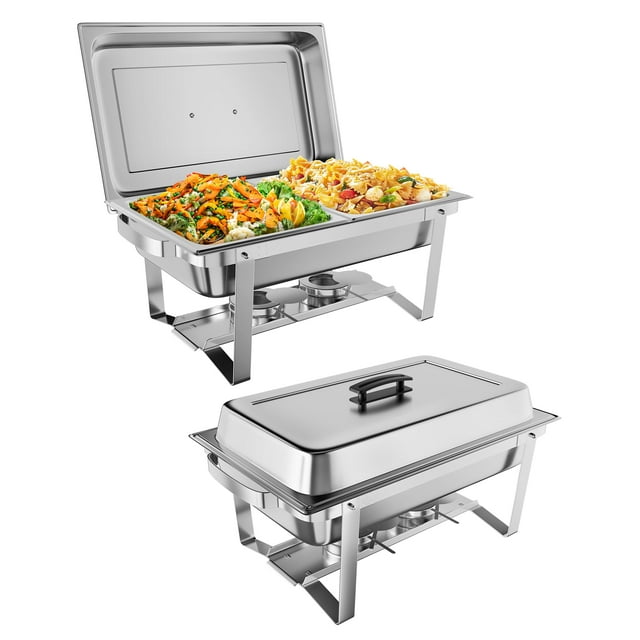Professional Buffet Food Warmer Set - 2 Pack 8QT Rectangular Stainless Steel Chafing Dishes with Lid Holders & Folding Frames