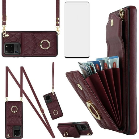 REQO Phone Case for Samsung Galaxy S20 Ultra 5G Wallet Cover with Tempered Glass Screen Protector and Crossbody Ring RFID Blocking Card Holder Cell S20ultra 20S S 20 A20 S2O 20ultra G5 Women Wine Red
