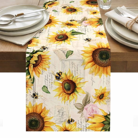 Summer Sunflowers Table Runner - 90 Inch Long, Kitchen Dining Table Runner Dresser Scarves, Pastoral Rose Floral Farmhouse Vintage Farmhouse Decor for Coffee Tables Wedding Party Banquet