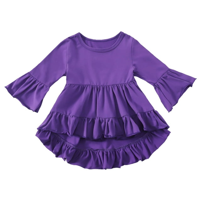 Et Chandail de Base Uni à Col Rond pour Tout-Petit avec Manches Trompette, devant Court et Dos Long, Blouse Élégante avec Bords à Volants