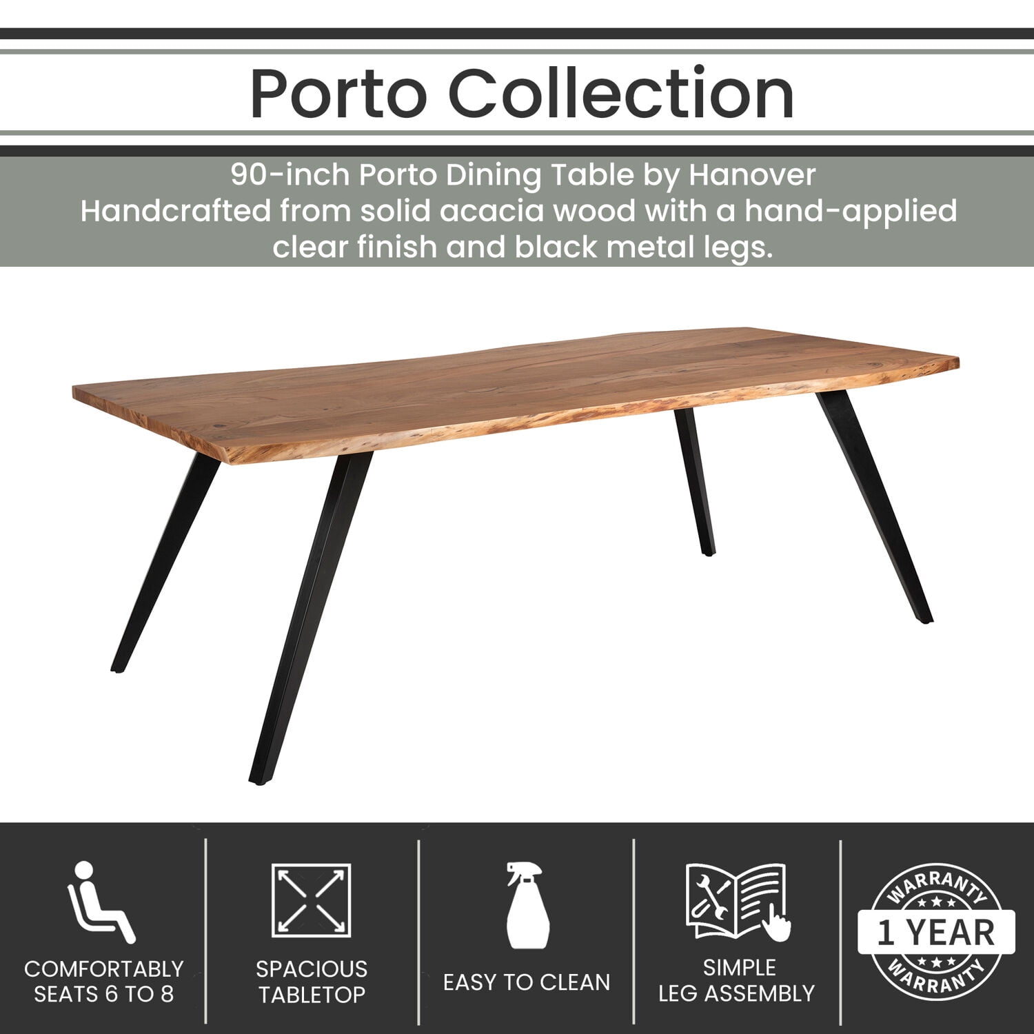 Hanover Porto 90-In. Acacia Wood Dining Table | Modern Live Edge Design | Perfect for Dining Room or Kitchen | Natural Top with Black Legs, HDR011-NAT