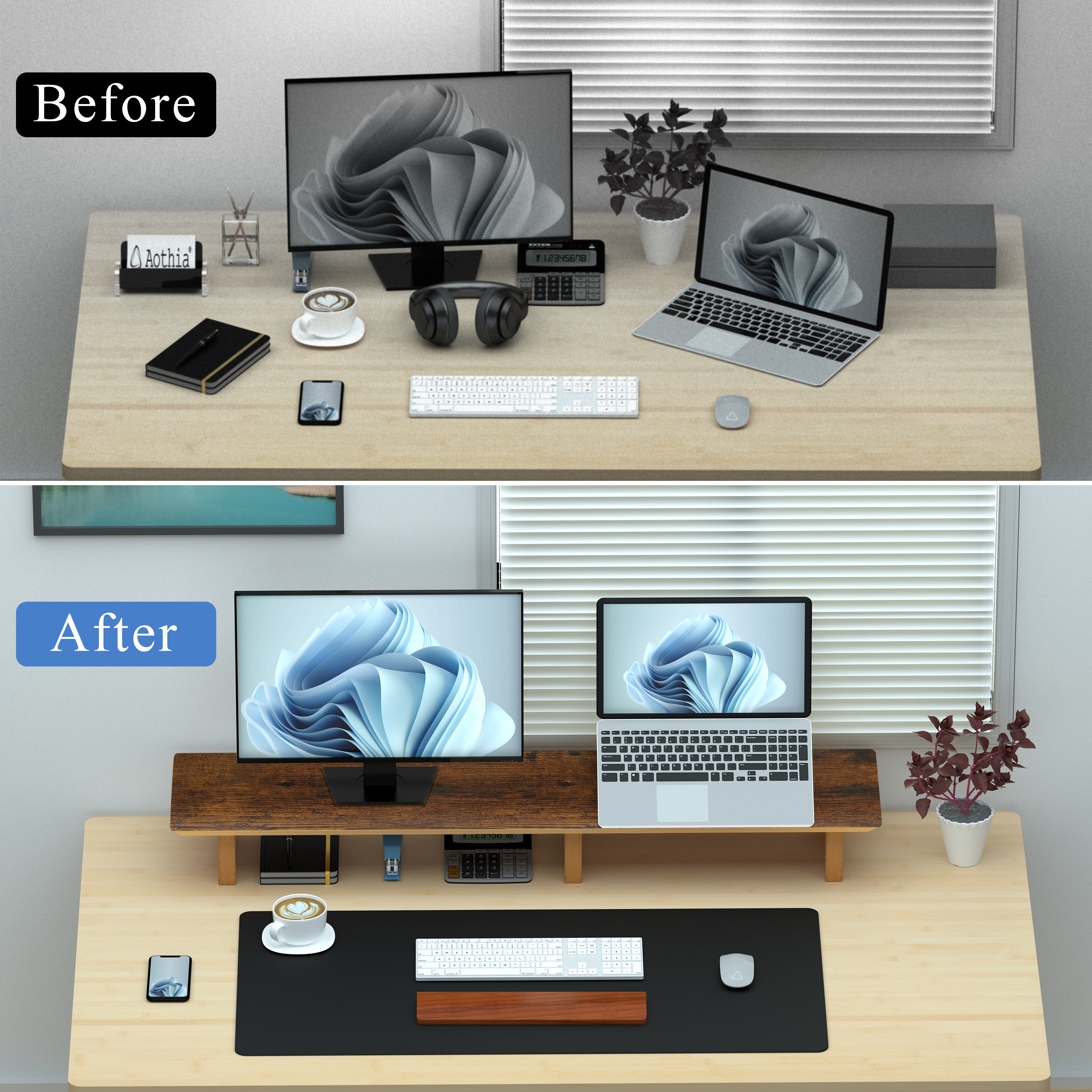 Aothia Large Dual Monitor Stand,Wooden Riser Supports Laptop Computer/TV(Vintage)