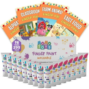 MOMOTOYS Kids Finger Paint - Bonus 295 Activity Sheets in Multiple Languages - 16 Vibrant Colors Washable Finger Paint for Toddlers (3 ) to Hand Paint