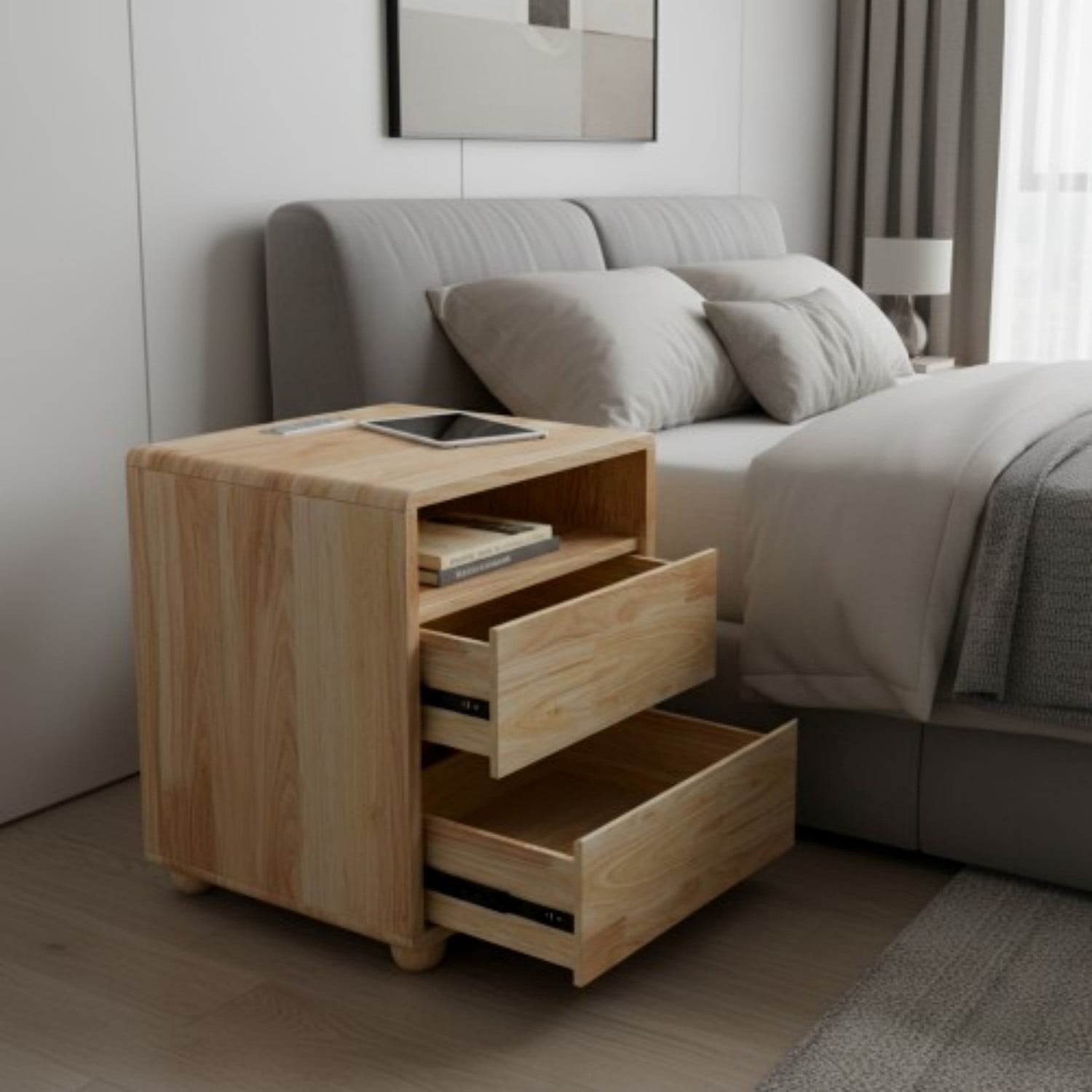 20" Modern Nightstand with Charging Station, 2 Drawers and Open Shelves, Solid Wood Bedside Table with Curved Design, Mid Century Side Table for Bedroom, Living Room, Natural