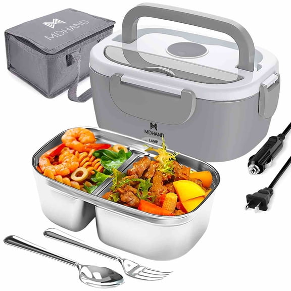 MDHAND Electric Heated Lunch Box 1.5L, 65W Portable Food Warmer with 304 Stainless Steel Container, PTC Fast Heating, Gray