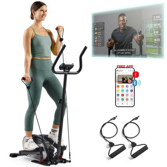 Sunny Health & Fitness 2 in 1 Sit/Stand Mini Elliptical Machine, Portable Under Desk Peddler Exerciser for Senior Home Workout, Free Sunnyfit App Bluetooth Link, Optional Handlebars & Resistance Bands