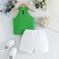 thumbnail image 4 of LIIPEE Girls Outfits Solid Color Sleeveless Round Neck Flower Vest Top Shorts Set Toddler Handsome Holiday School Party Outfit,Green,12-18 Months, 4 of 6