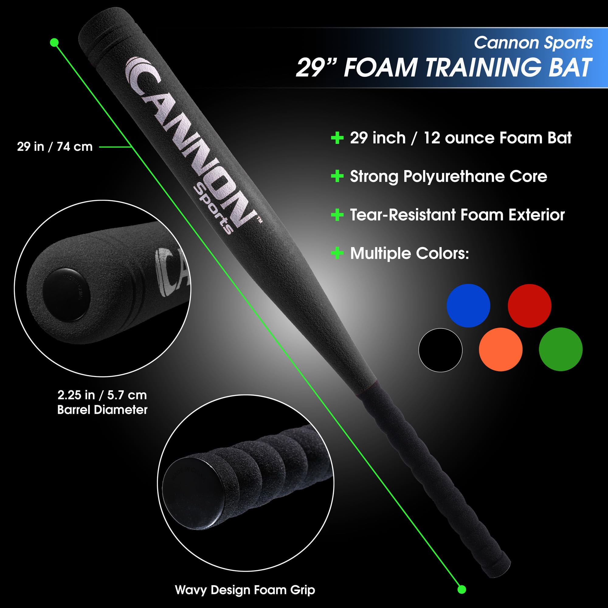 Cannon Sports Foam Baseball Softball Bat - 29-Inch Padded Training Bat with Strong Poly-Core – Soft Foam Practice Bat (Black, 1 Bat)