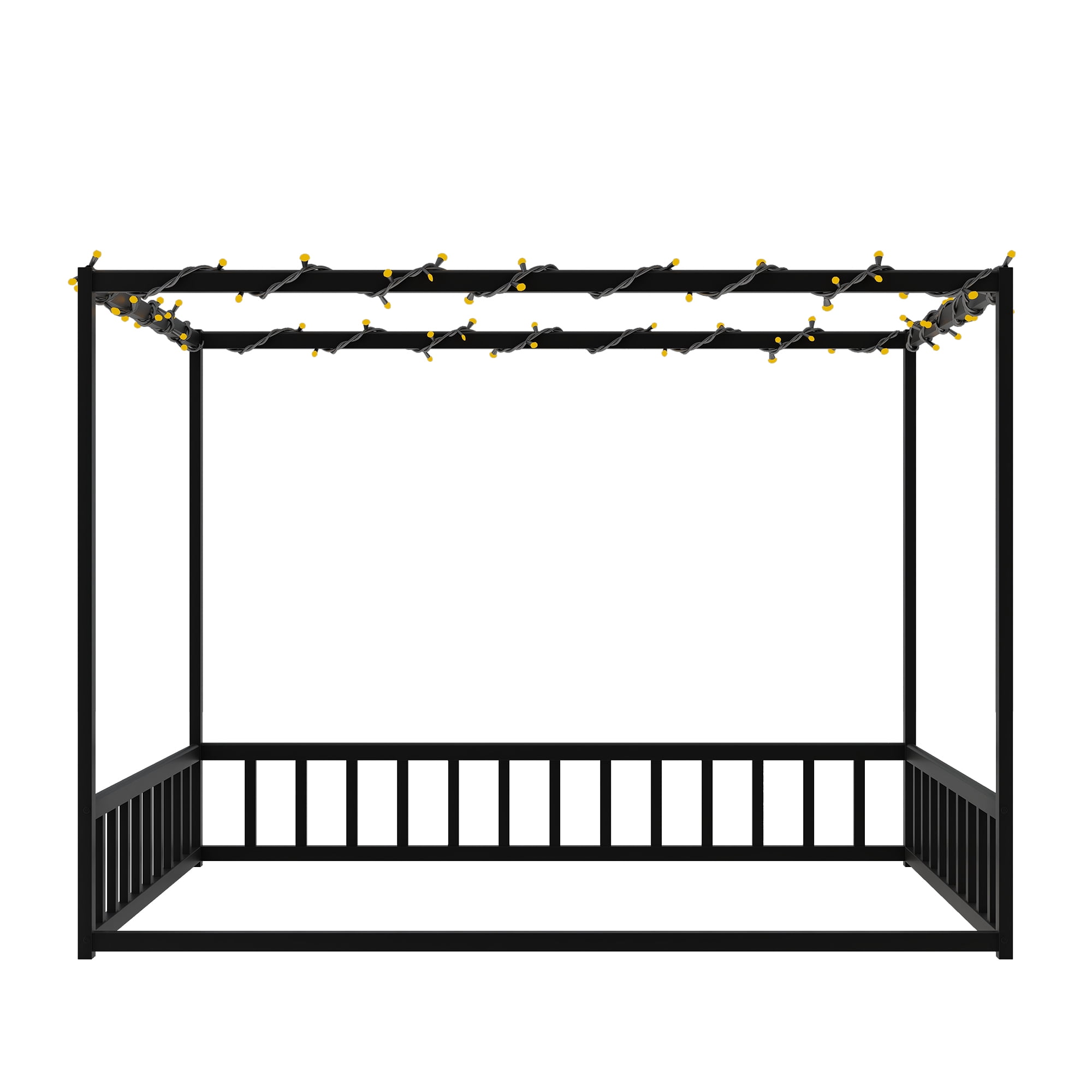 Mintazer Full Size Kids Sunshade Floor Bed Frame with Guardrails, Canopy Floor Bed for Low Profile, Black