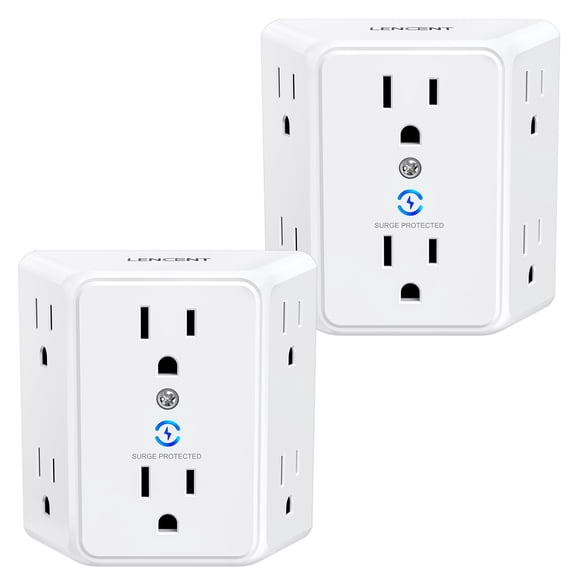 LENCENT 2X Cargador de Pared 1875W, Extensor de Enchufe con 6 Salidas, Protector de Sobretensión, Adaptador de 3 Lados Ampliamente Espaciado, Multicontacto Enchufe Pared para Hogar, Oficina