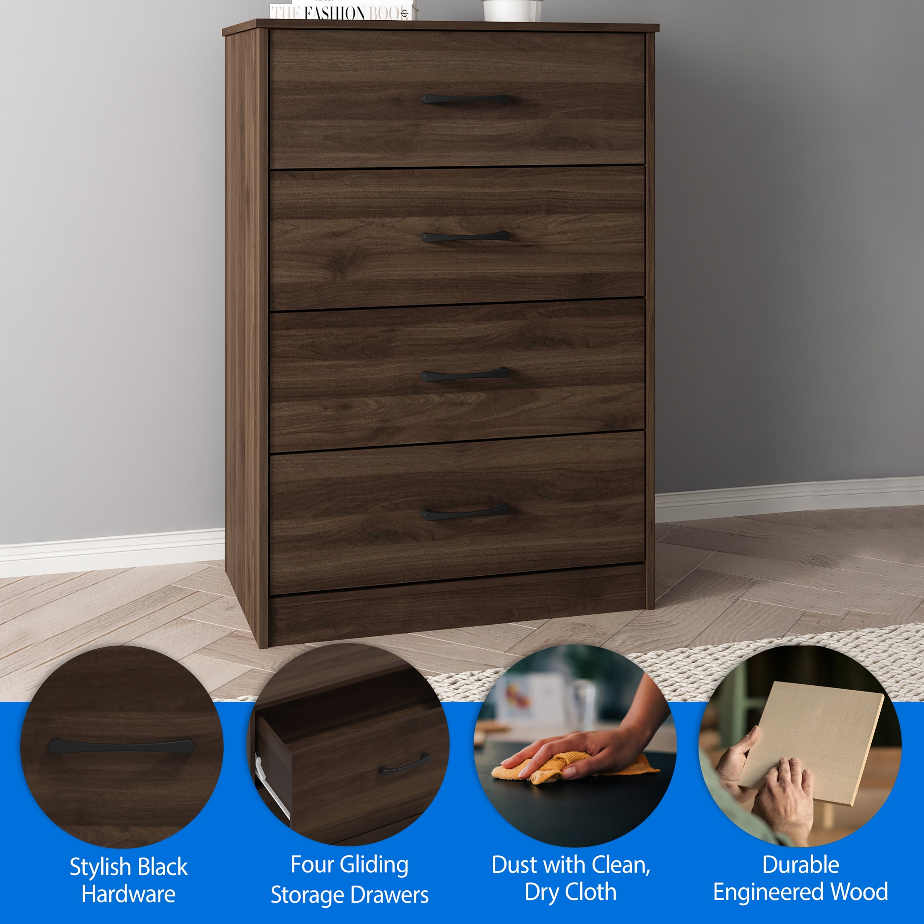 Mainstays Ardent 4 Drawer Dresser, Dark Walnut