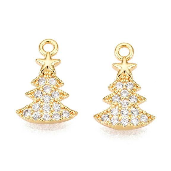 10 pc Christmas Theme Brass Micro Pave Clear Cubic Zirconia Charms Christmas Tree Real 18K golden Plated 13.5x8.5x2.5mm Hole: 1mm