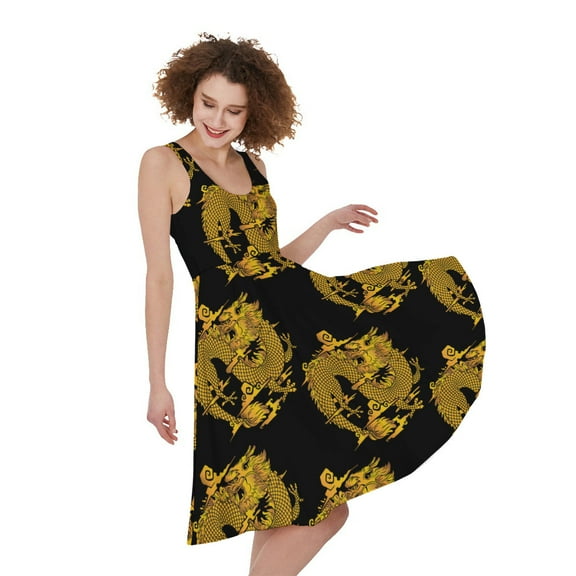 Black And Gold Dragon Pattern Print Sleeveless Knee Length Dress, Dragons Fashion Summer Maxi Dress For Women.