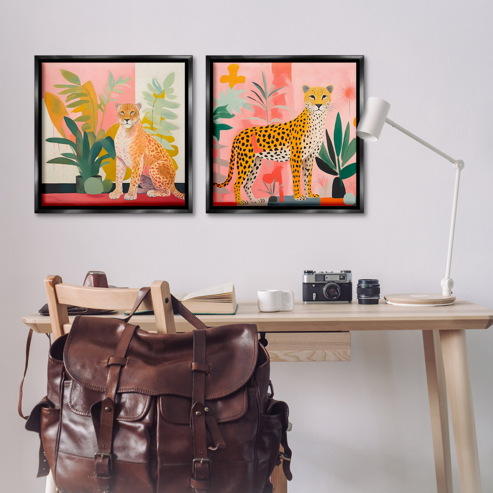 Stupell Industries Jaguar Leopard Potted Palms Animals Painting Black Floater Framed Canvas Art Print Wall Art, 25 x 25, Set of 2
