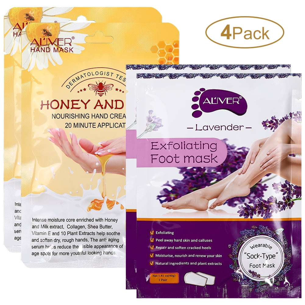 Hydrating Foot Hand Masks (4pk) for Hand foot cracked and dry heel to toe and callus Spa Masks - Lavender, Honey