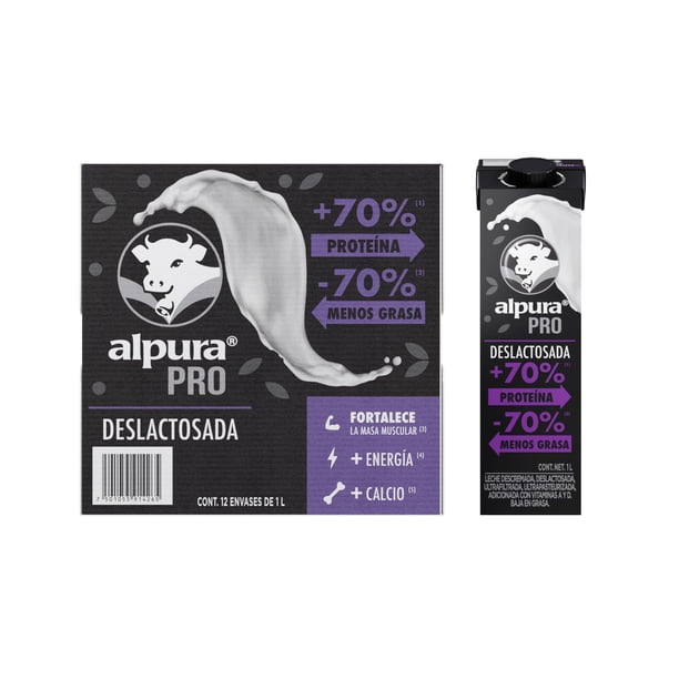 Alpura Pro con extra proteína Deslactosada Ultrapasteurizada en Paquete de 12 piezas de 1 Litro cada una, Fuente de proteína y Calcio, baja en grasa, adicionada con Vitaminas A y