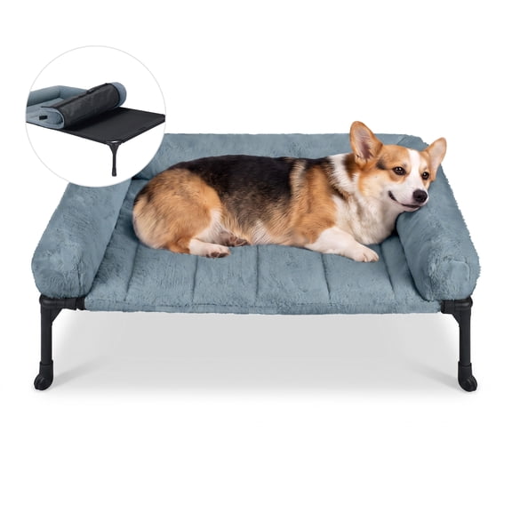 Veehoo Cooling Elevated Dog Bed with Fluffy Plush Bolster Cushion, 32 x 25 inches, Medium, Haze Blue