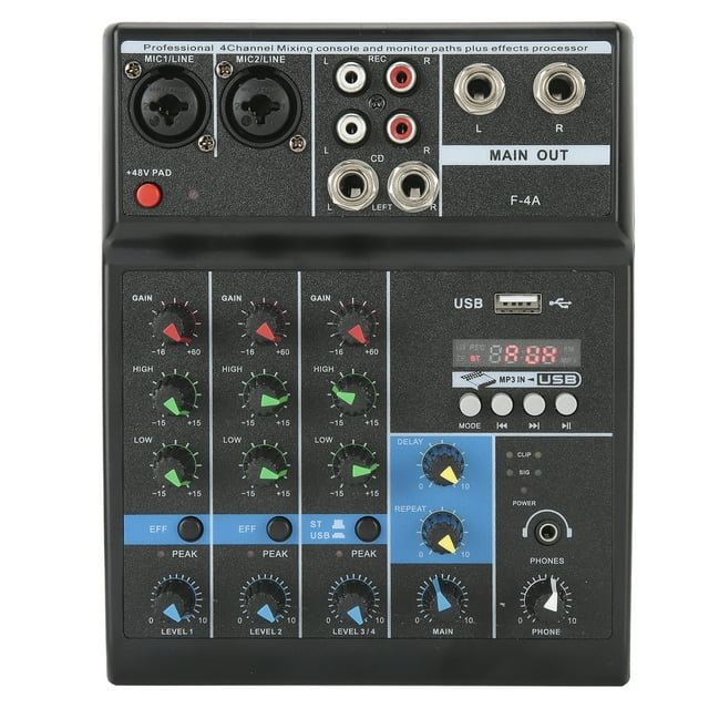Compact USB 4 Channel Audio Mixer with Sound Card, Lightweight, Plug and Play, Gain and Tone Adjustment for Home Music Production, Webcasting, K Song Cover, and More