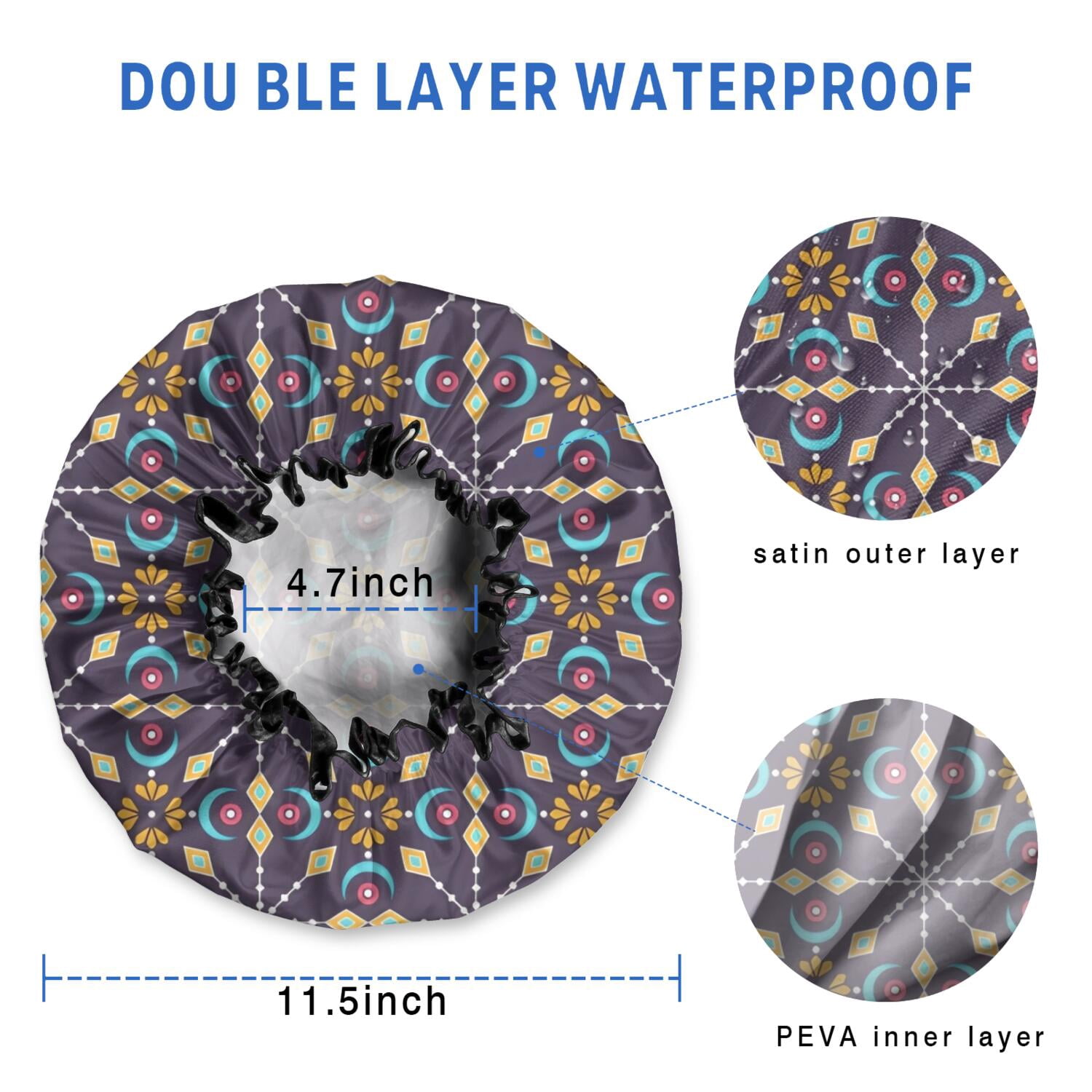 Shower Caps,Multicolor Ethnic Geometric Pattern Waterproof Shower Cap for Women 4 Pieces,Double Reusable Hair Cover for Shower PEVA Elastic Stretch Hem