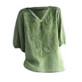 thumbnail image 4 of Women's Long Sleeve T-shirt Women'S Embroidered Top Cotton Linen Puff Short Sleeve Crewneck Boho Blouse Casual Button Down T Shirts,Green Women's Long sleeve T-shirt XXXL, 4 of 4