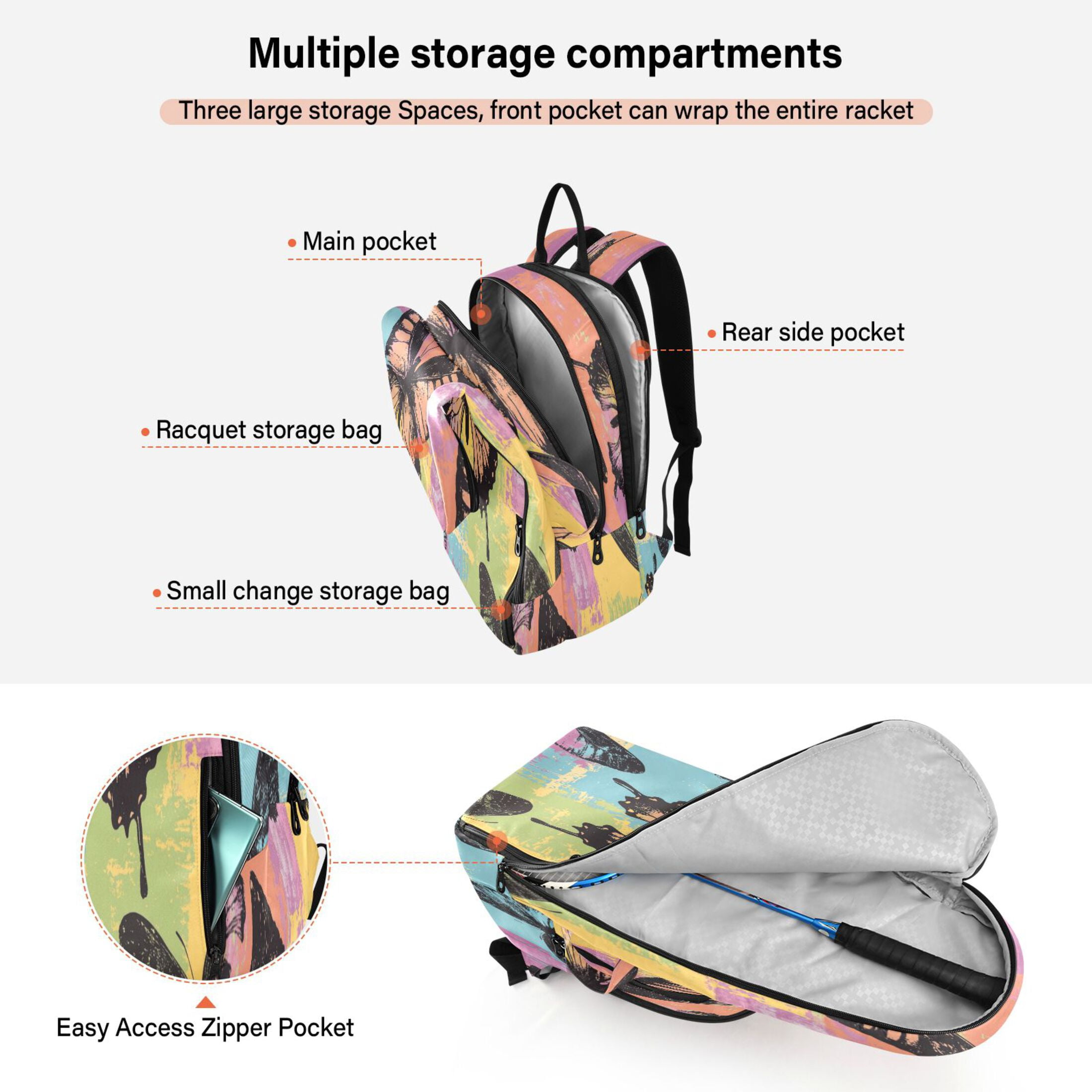 2 Racquet Holder Tennis Backpack Tennis Racket Covers Gym Bags Colorful Ink Butterfly