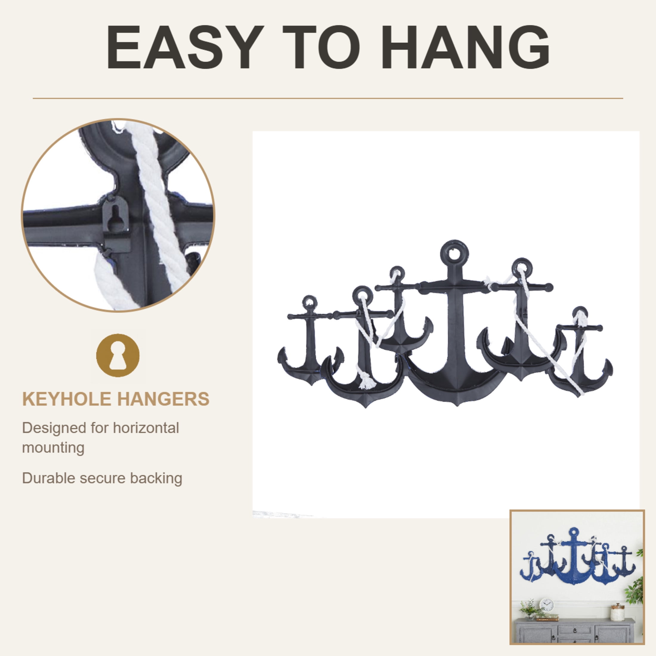 DecMode Blue Metal Indoor Outdoor Anchor Wall Decor with White Rope Detailing