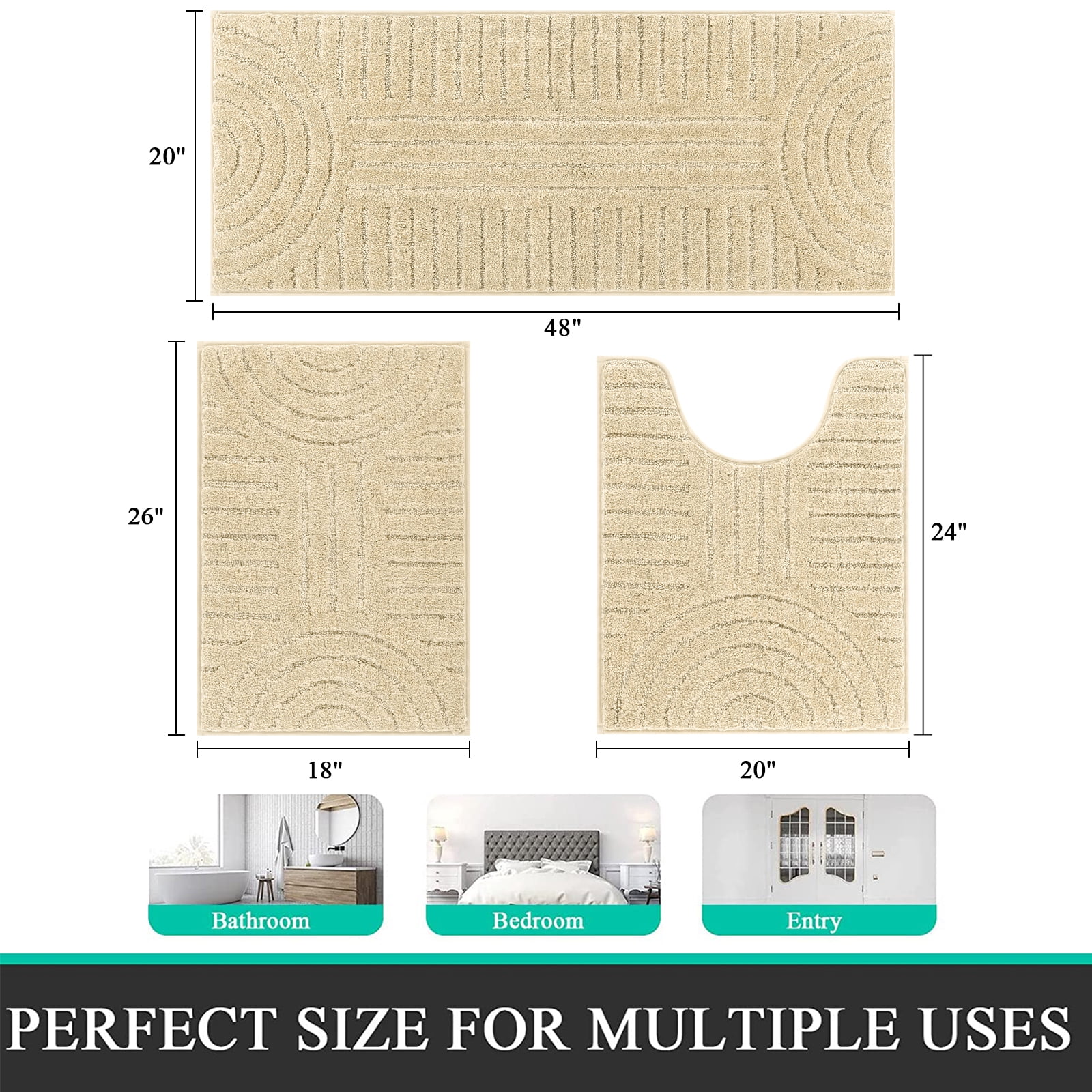 Bathroom Rugs Sets 3 Piece, Soft Absorbent Microfiber Bath Mats and U-Shaped Contour Toilet Rug, Plush Shaggy Bath Mat Set for Bathroom
