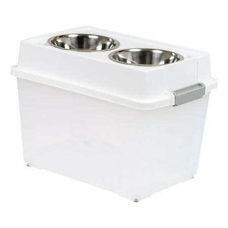 UPC: 0762016494982 | IRIS USA 45 Qt. (11 gal.) Airtight Elevated Pet Feeder Storage Container with Bowls  White