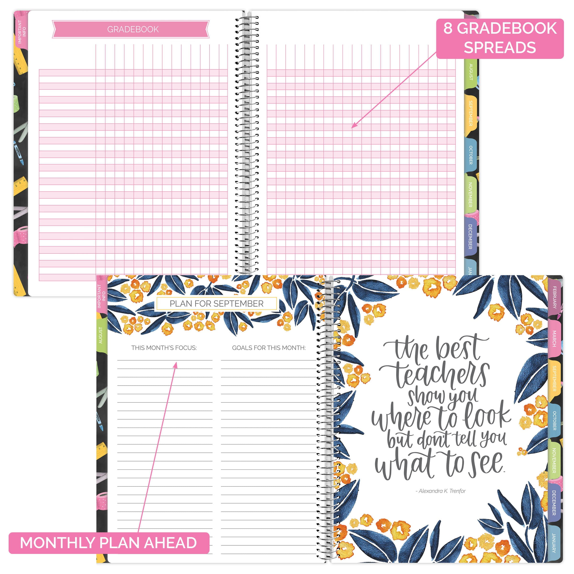 bloom daily planners Undated Teacher Planner & Calendar, Chalkboard, 9" x 11"
