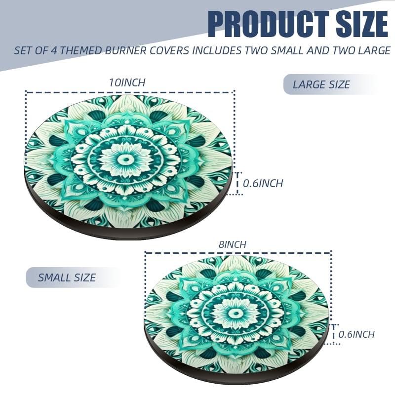 4 Pieces Wine Round Stove Burner Covers Set, Teal Mandala with Intricate Patterns Gas Stove Burner Covers Expands Usable Space for kitchen, 2 Pieces 8 Inches and 2 Pieces 10 Inches
