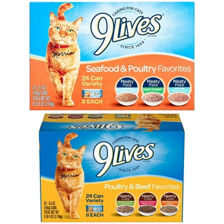 Bundle & Save: 9Lives Poultry and Beef Favorites Variety Pack Cat Food, 5.5-Ounce, 24-Count and 9Lives Seafood and Poultry Favorites Variety Pack, 24 5.5-Ounce Cans