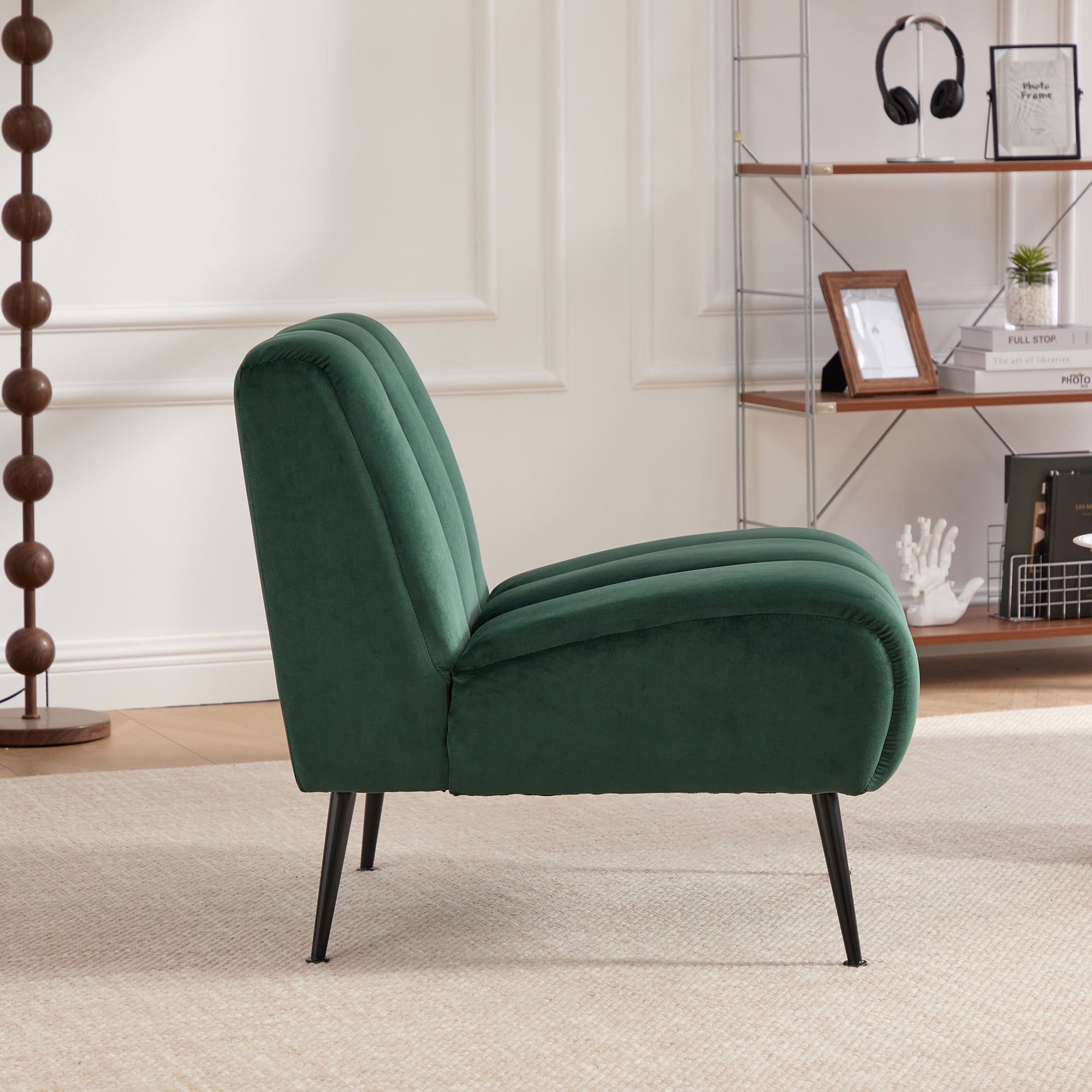 Noble House Ashton 24.4" Velvet Armless Accent Chair, Modern Upholstered Lounge Chair with Metal Legs, Green