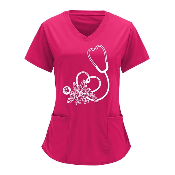 Tops Para Mujer Uniforme de Trabajo Tops Cuello en V Monos de Color Sólido Impresión de Posicionamiento Parcial Manga Corta Odeerbi ODB178720