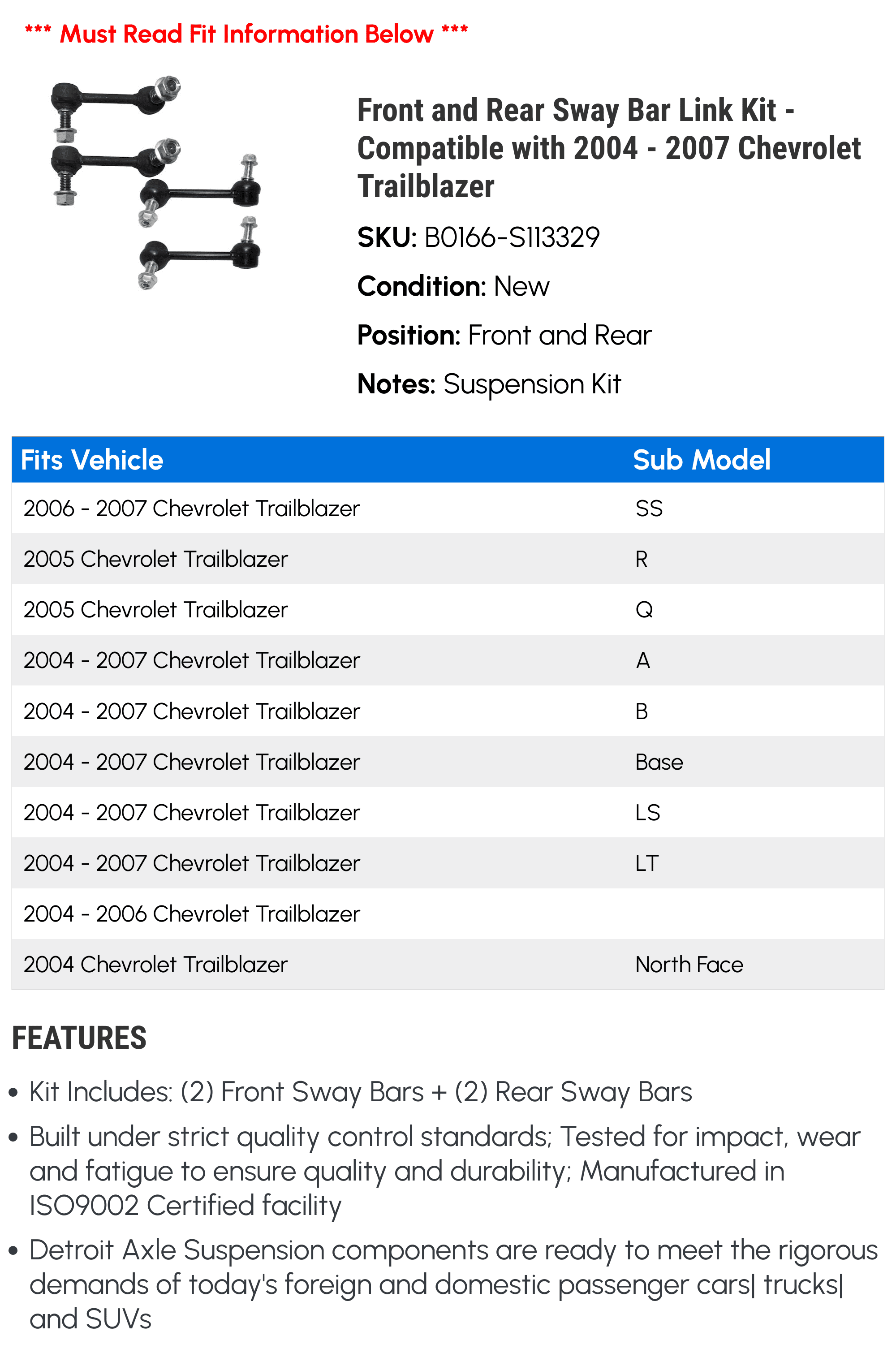 Front and Rear Sway Bar Link Kit - Compatible with 2004 - 2007 Chevy Trailblazer 2005 2006